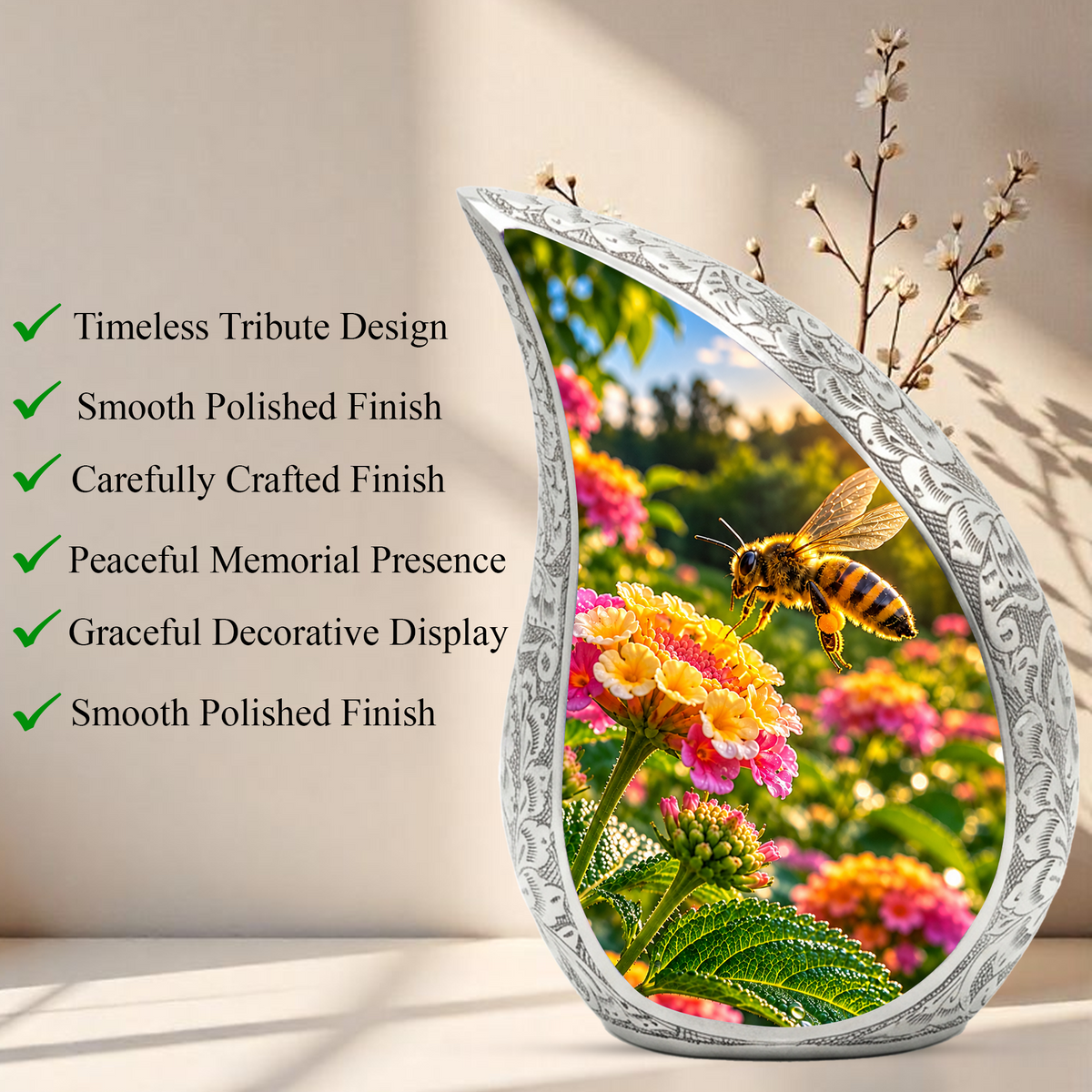 Honey Bee Cremation Urn for Adult Ashes, Bee and Flower Memorial Urn
