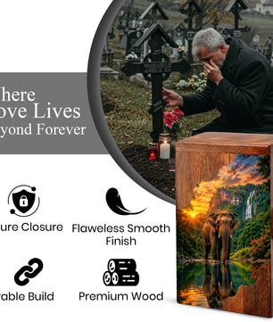 Elephant Wooden Cremation Urn – Waterfall Memorial Urn for Human Ashes