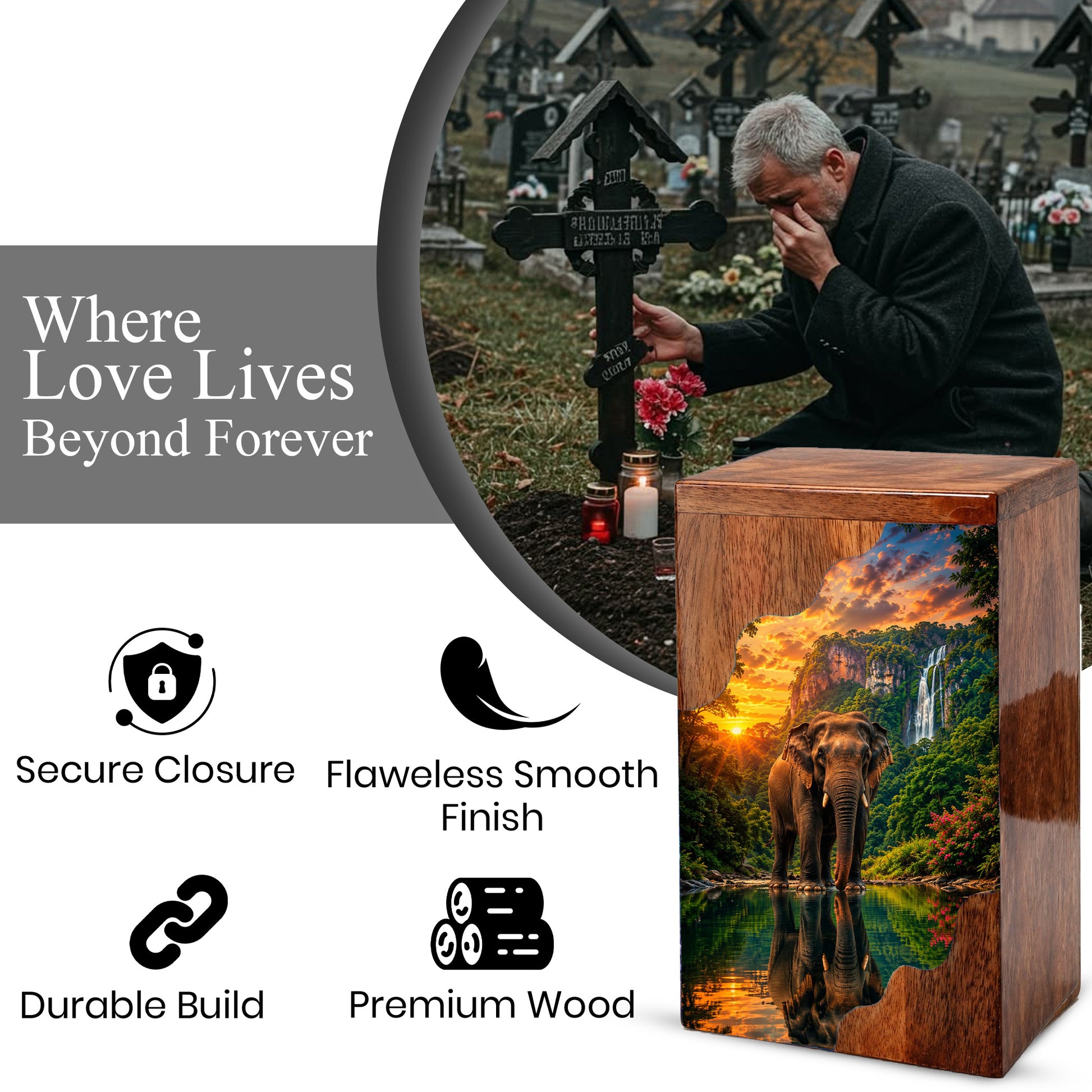 Elephant Wooden Cremation Urn – Waterfall Memorial Urn for Human Ashes