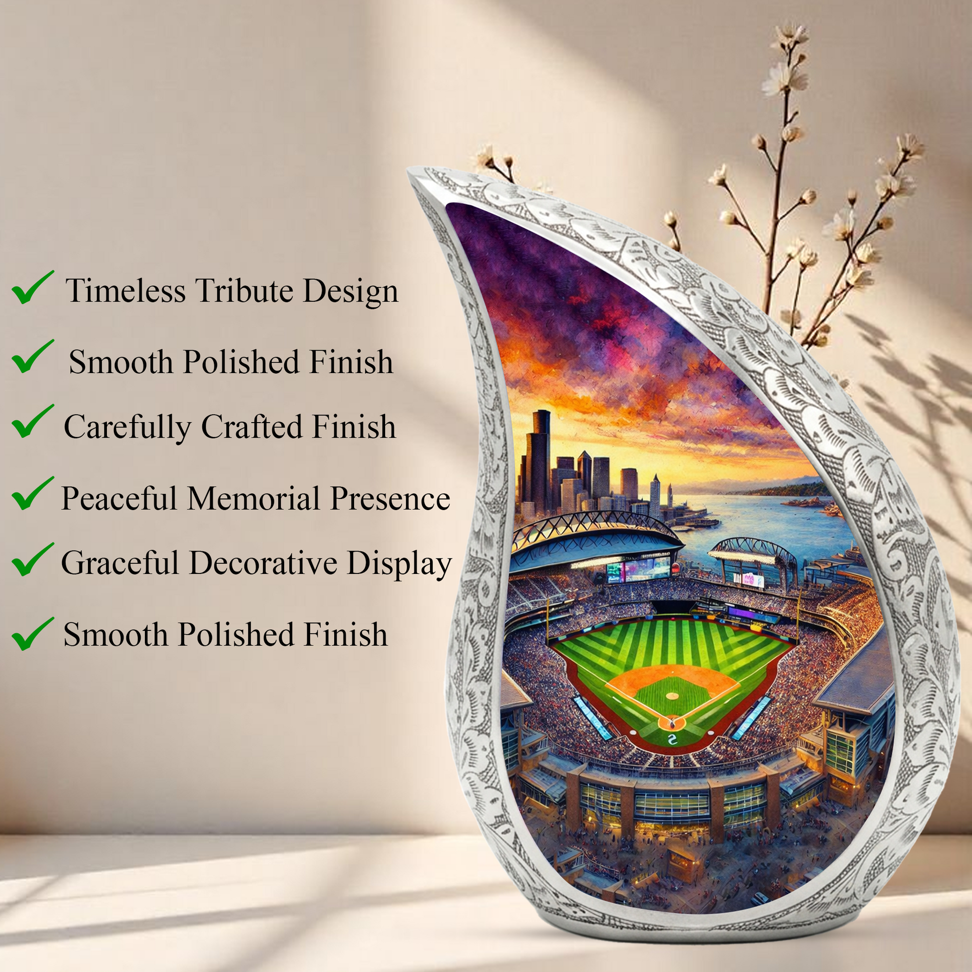 Baseball Stadium Personalized Cremation Urn – Teardrop Style Aluminum Memorial Urn, 10 Inch