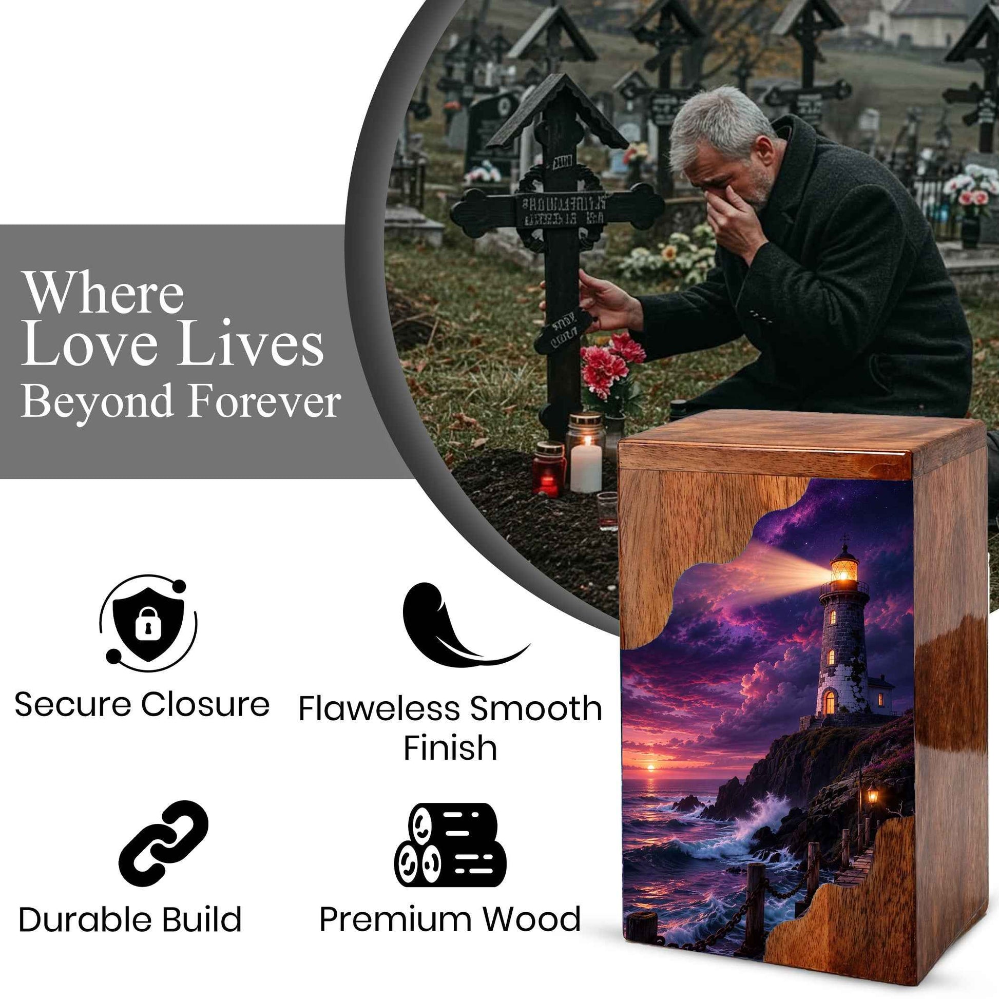 Lighthouse Wooden Cremation Urn for Human Ashes | Personalized Coastal Memorial Urn