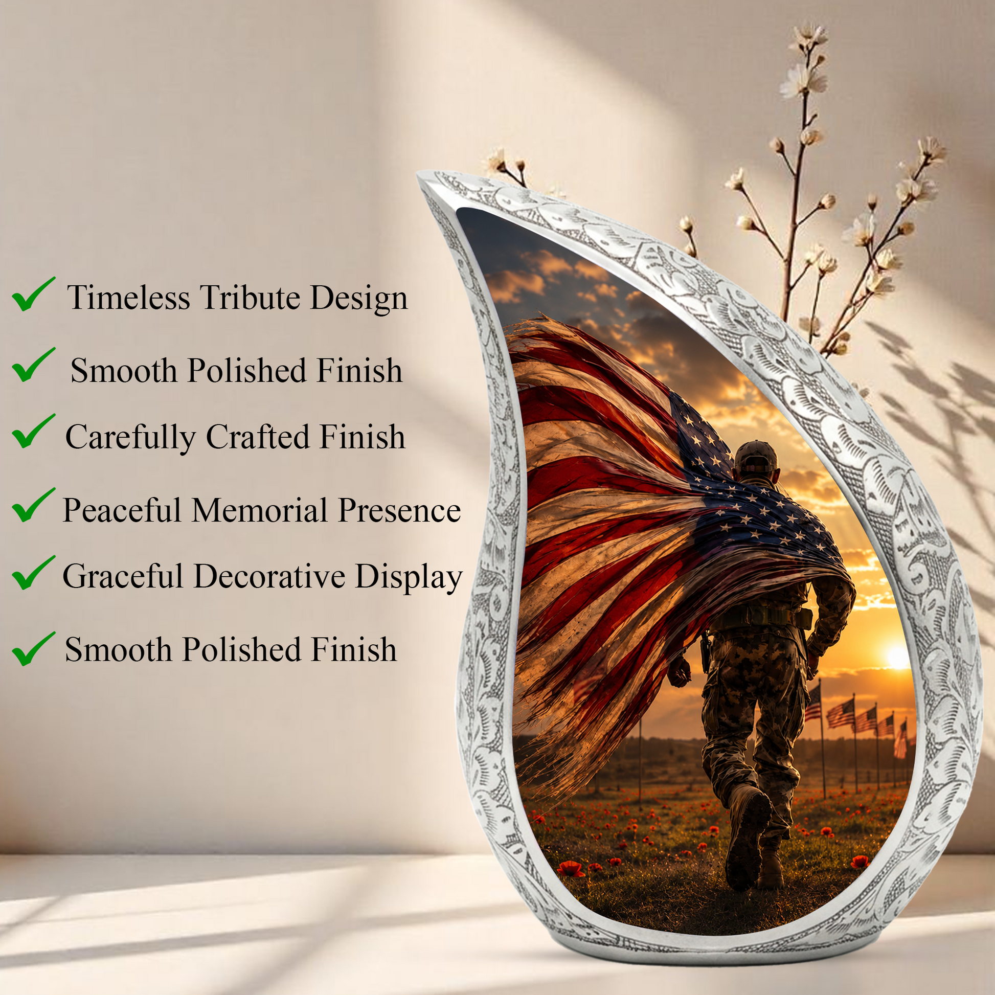 Patriotic Soldier Urn for Dad | American Flag Cremation Urn for Human Ashes & Military Memorial