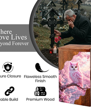 Pink Owl Wooden Cremation Urn – Cherry Blossom Memorial Urn