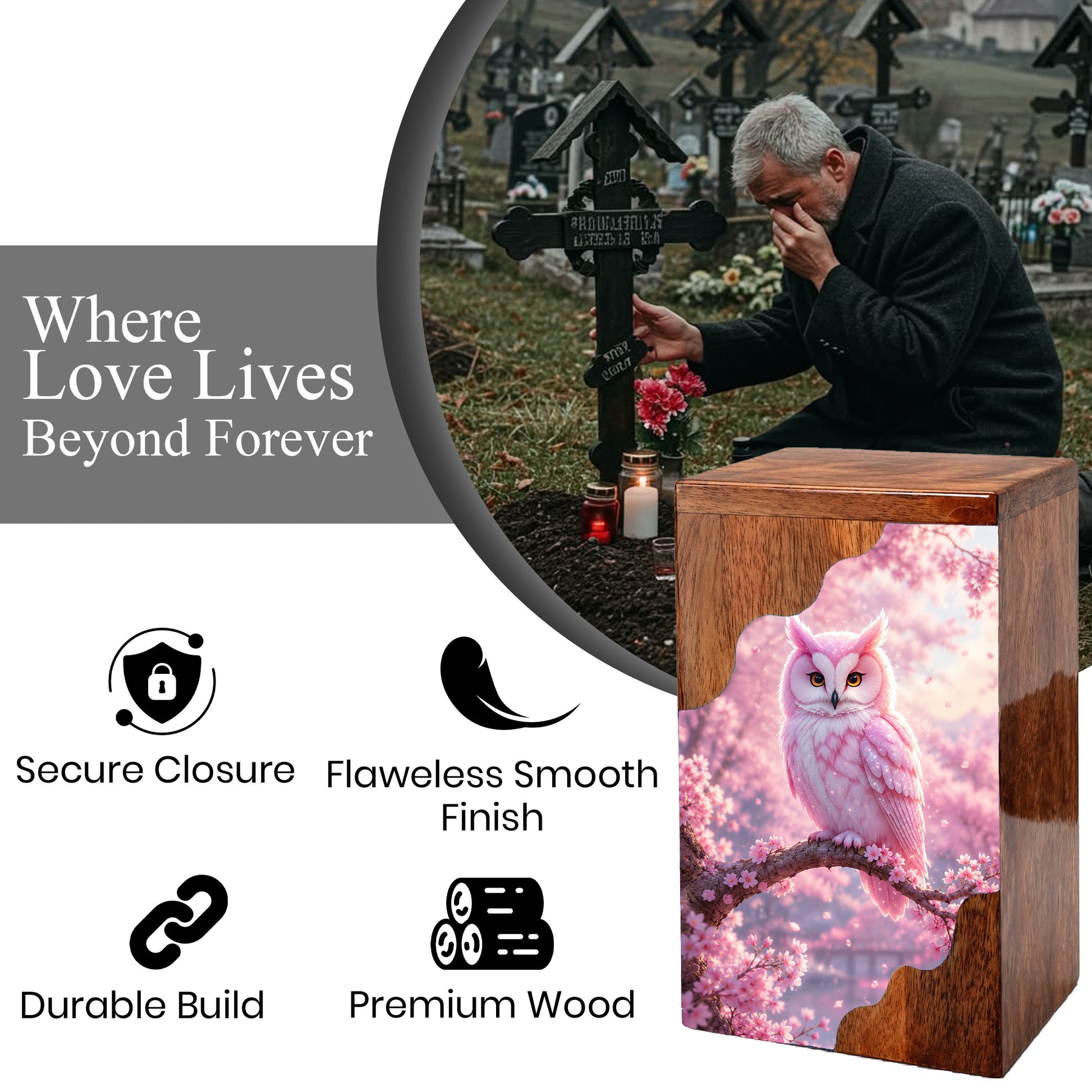 Pink Owl Wooden Cremation Urn – Cherry Blossom Memorial Urn