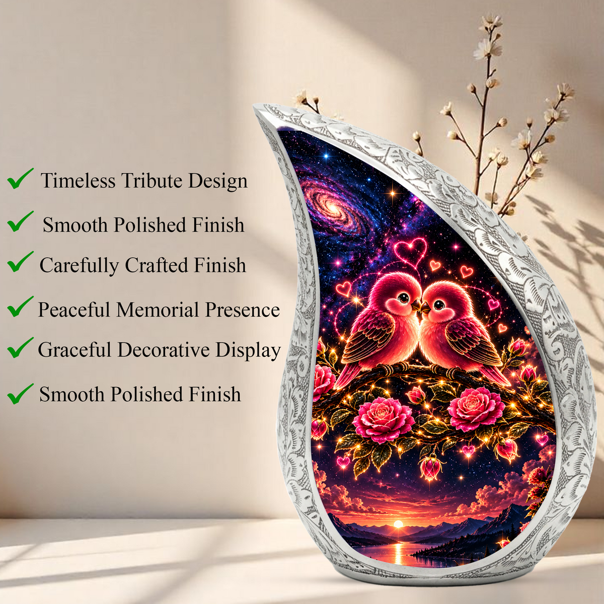 Love Birds Urn for Ashes, Romantic Bird Aluminum Cremation Urn
