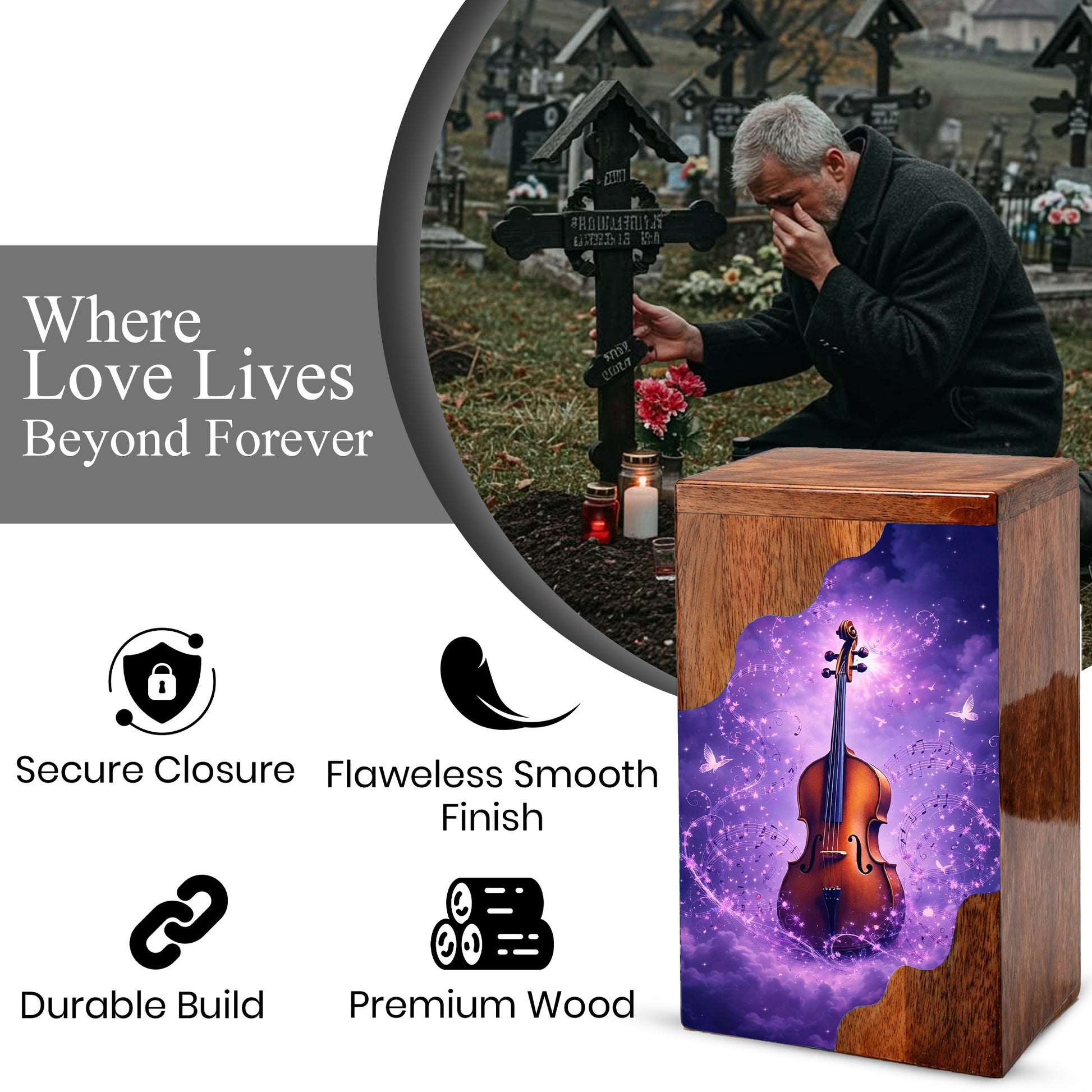 Violin Wooden Cremation Urn – Custom Music Memorial Urn | Wooden Urn for Human Ashes