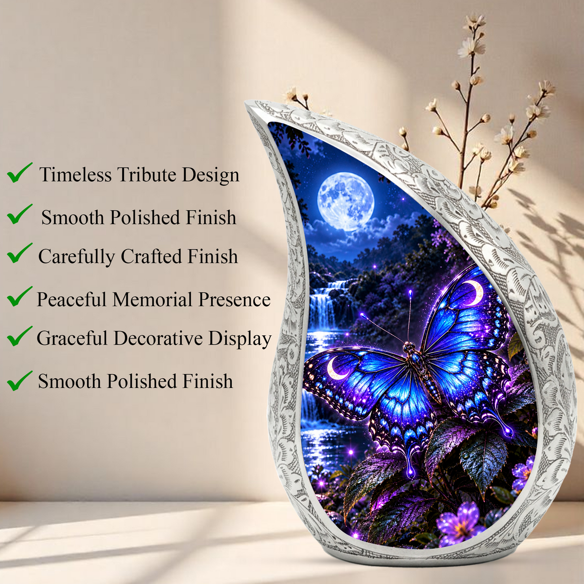 Blue Butterfly Cremation Urn for Mom Ashes - Moonlight Butterfly Memorial Urn