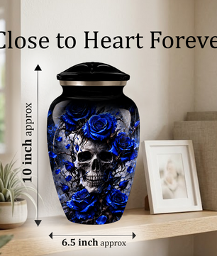 Blue Rose Skull Adult Urn for Ashes – Memorial Cremation Urn for Adults,