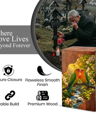 Wooden Cremation Urn for Human Ashes | Love Birds Memorial Urn
