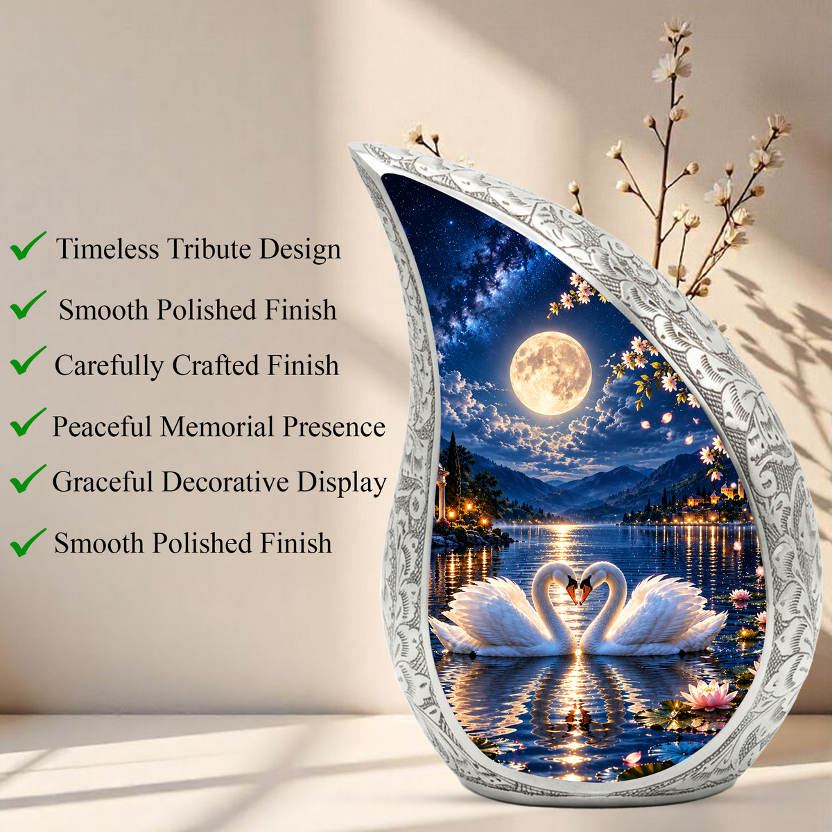 Swan Urn for Ashes, Romantic Swan Lake Cremation Urn for human Ashes