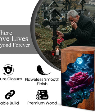 Moonlit Rose Wooden Cremation Urn – Rose Memorial Urn for Human Ashes