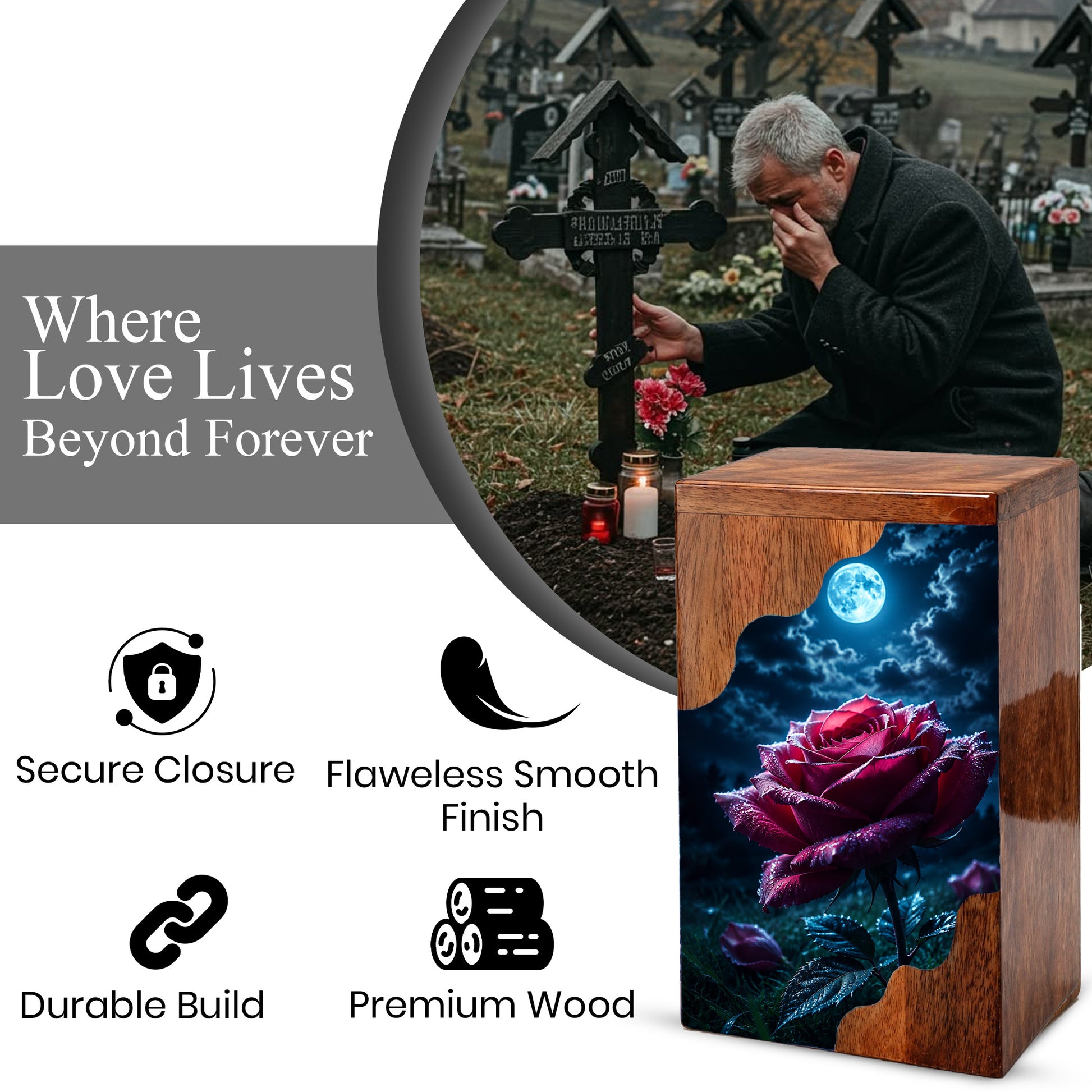 Moonlit Rose Wooden Cremation Urn – Rose Memorial Urn for Human Ashes