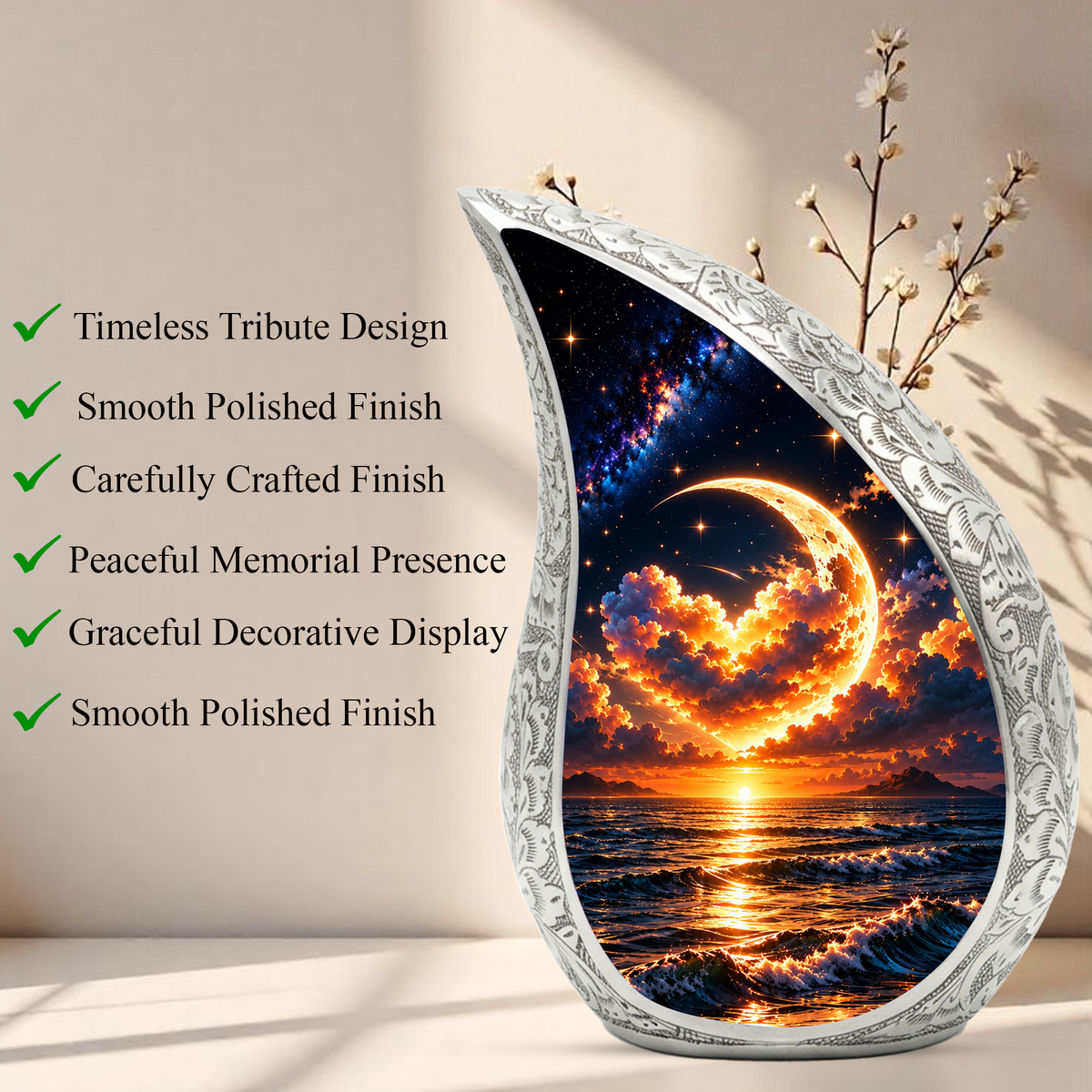 Ocean Sunset Adult Urn for Ashes, Golden Moon Cremation Urn for Human Ashes