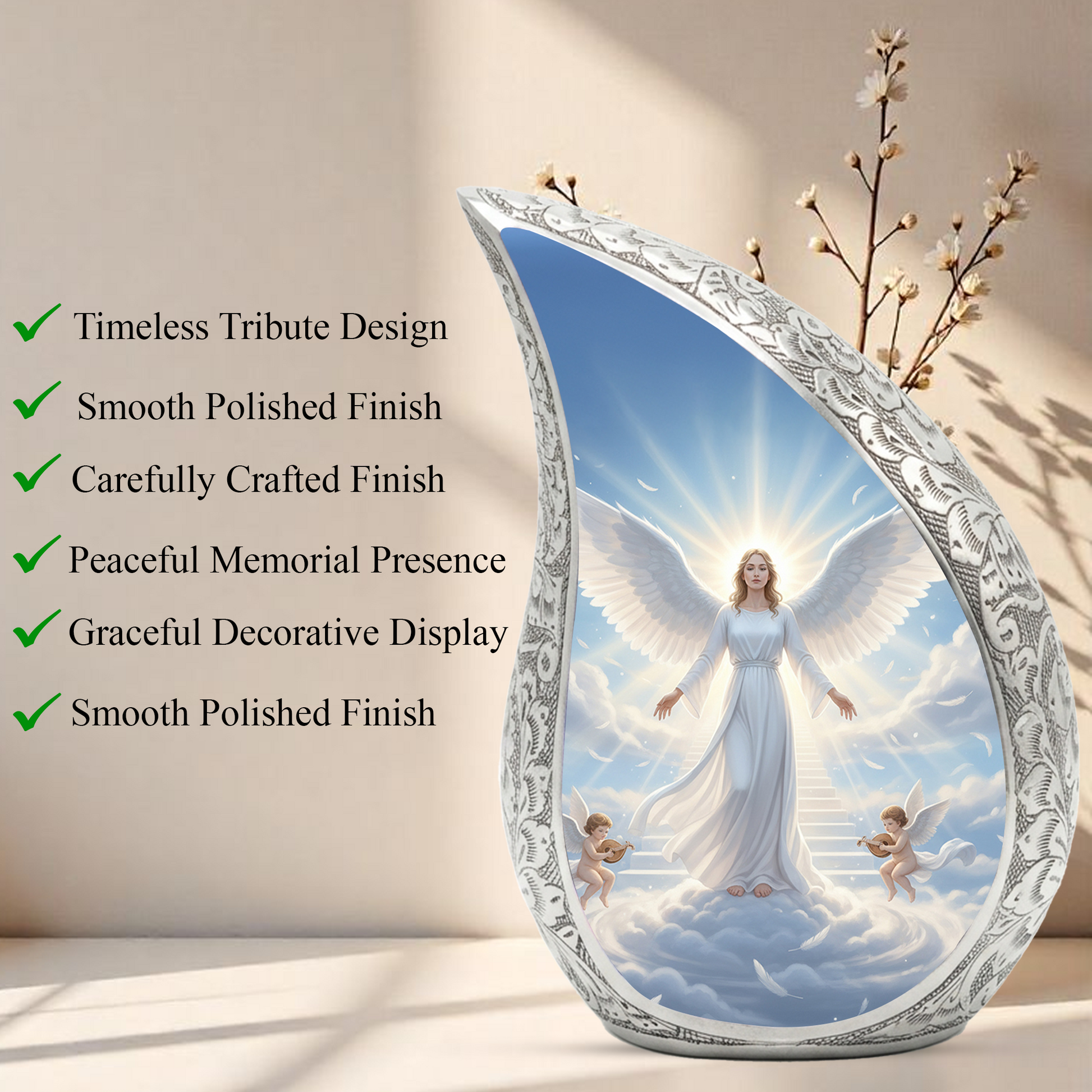 Personalized Angel Cremation Urn – Custom Heavenly Memorial Urn for Ashes, Guardian Angel Teardrop Aluminum Adult Urn, 10 Inch