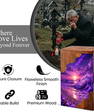 Violet Ocean Wooden Cremation Urn – Beach Theme Wooden Urn for Human Ashes