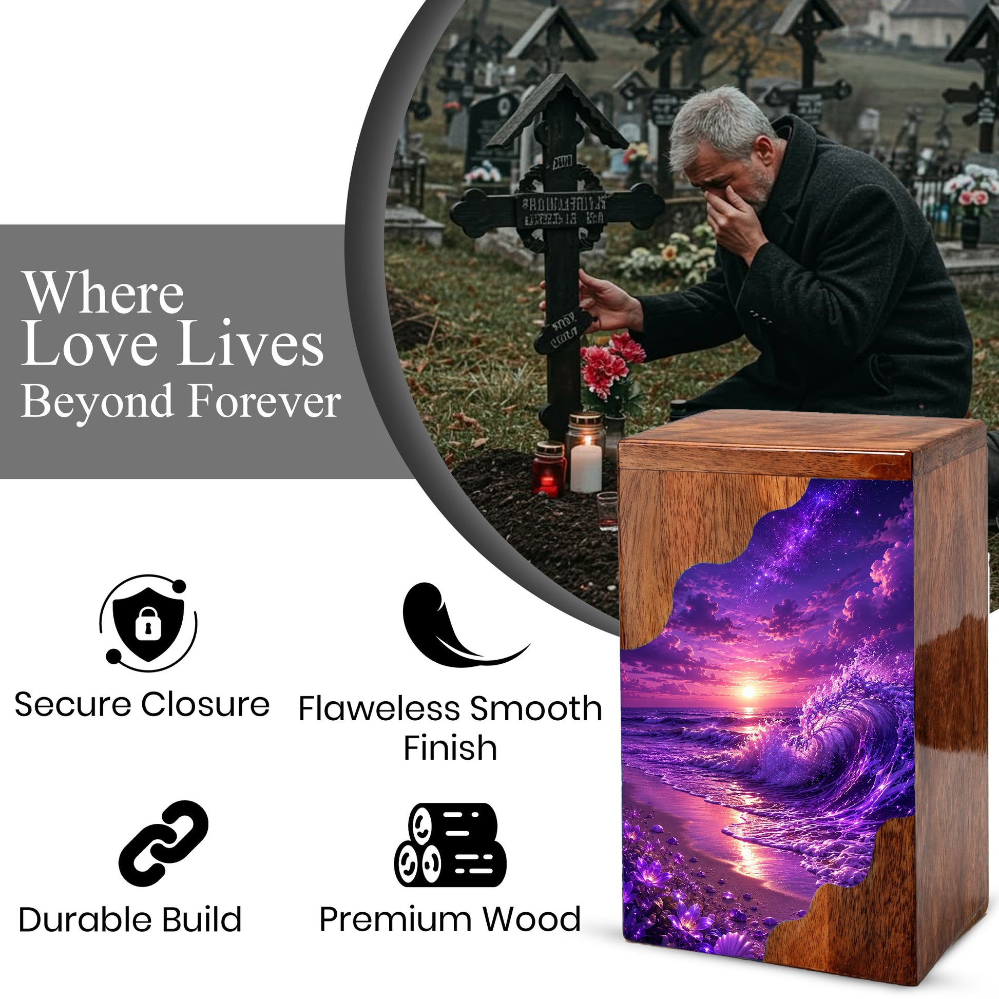 Violet Ocean Wooden Cremation Urn – Beach Theme Wooden Urn for Human Ashes