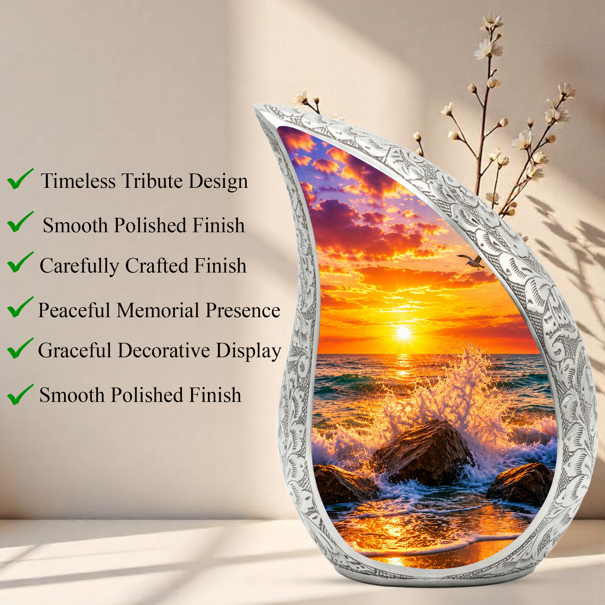 Ocean Sunset Memorial Urn for Mom & Dad – Personalized Cremation Urn for Human Ashes | Beach Funeral Urn for Women & Men