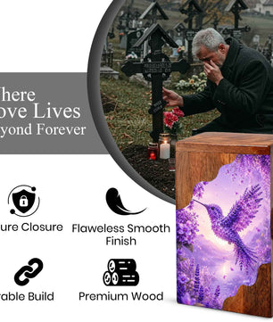 Hummingbird Cremation Urn for Mom | Purple Floral Wooden Urn for Human