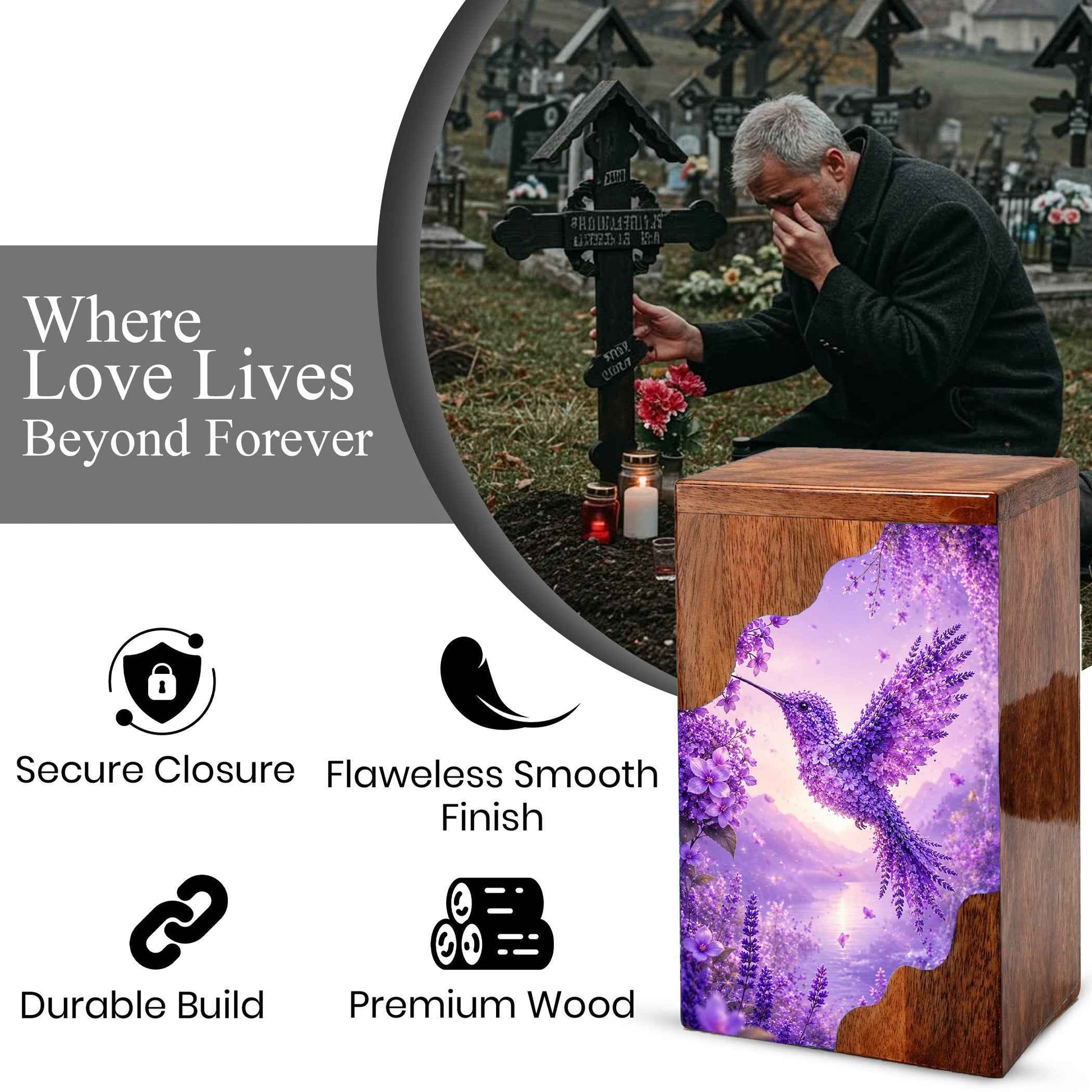 Hummingbird Cremation Urn for Mom | Purple Floral Wooden Urn for Human