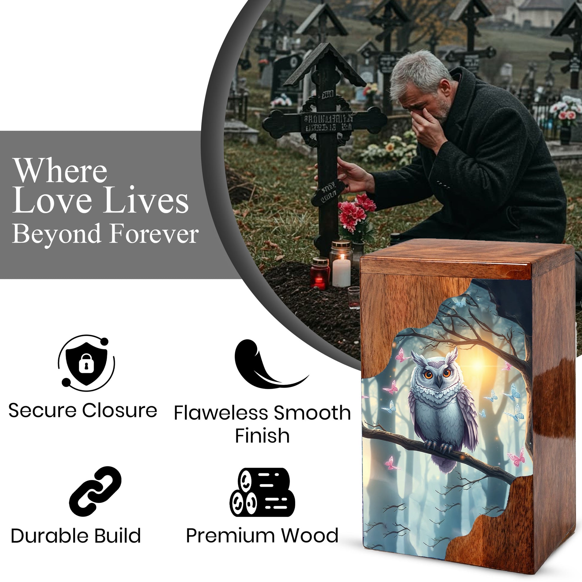 Wooden Cremation Urn – Owl Memorial Urn | Custom Wooden Memorial Urn for Adult Ashes