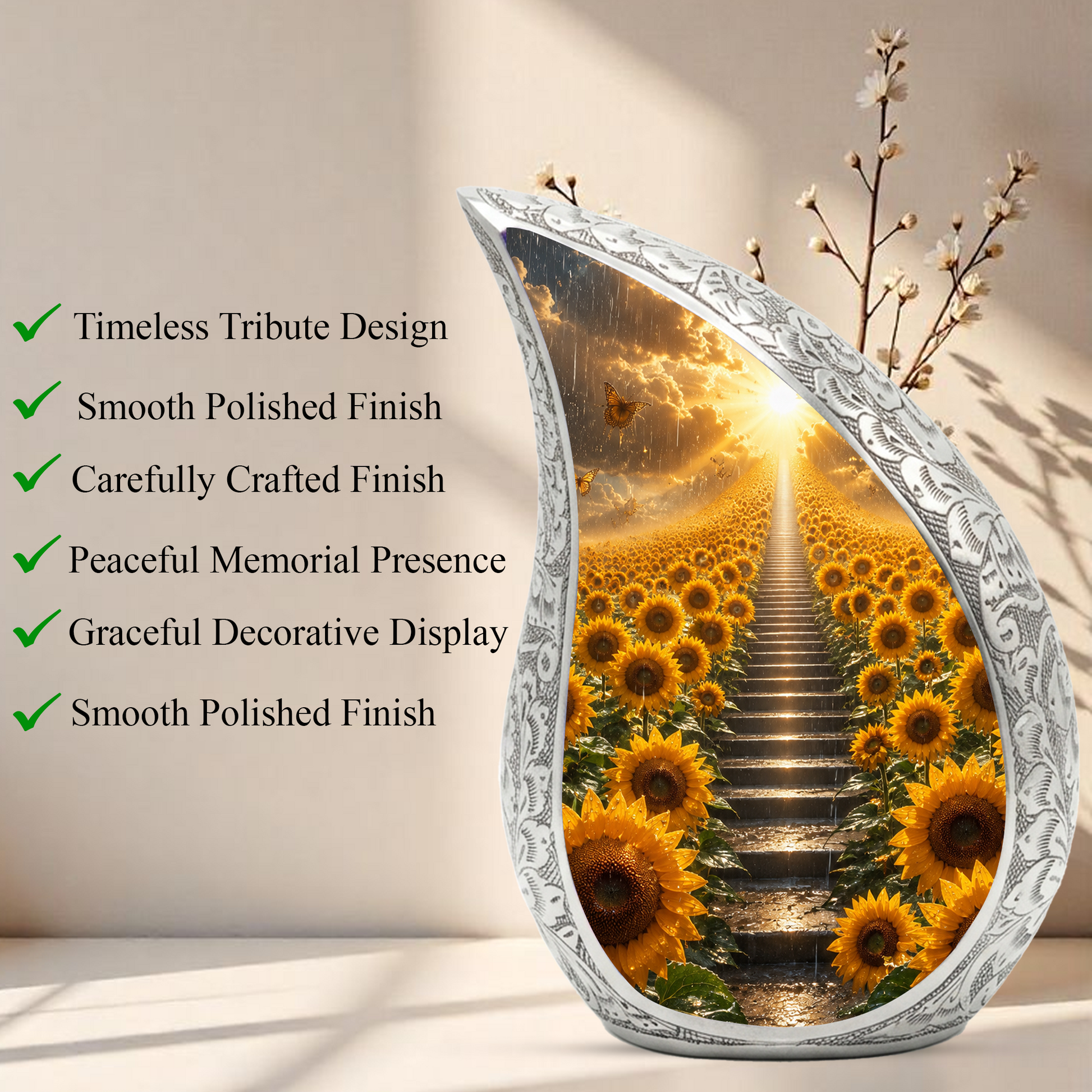 Sunflower Sunrise Urn for Human Ashes | Beautiful Floral Cremation Urn for Mom & Women
