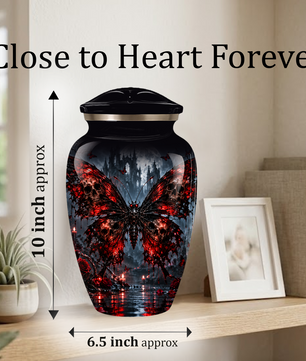 Gothic Butterfly Adult Urn for Ashes – Red & Black Skull Butterfly Cremation Urn for Adults