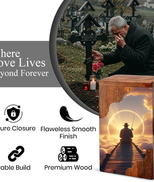 Fishing in Heaven Personalized Wooden Cremation Urn for Dad – Custom Memorial Urn with Sunset Fishing