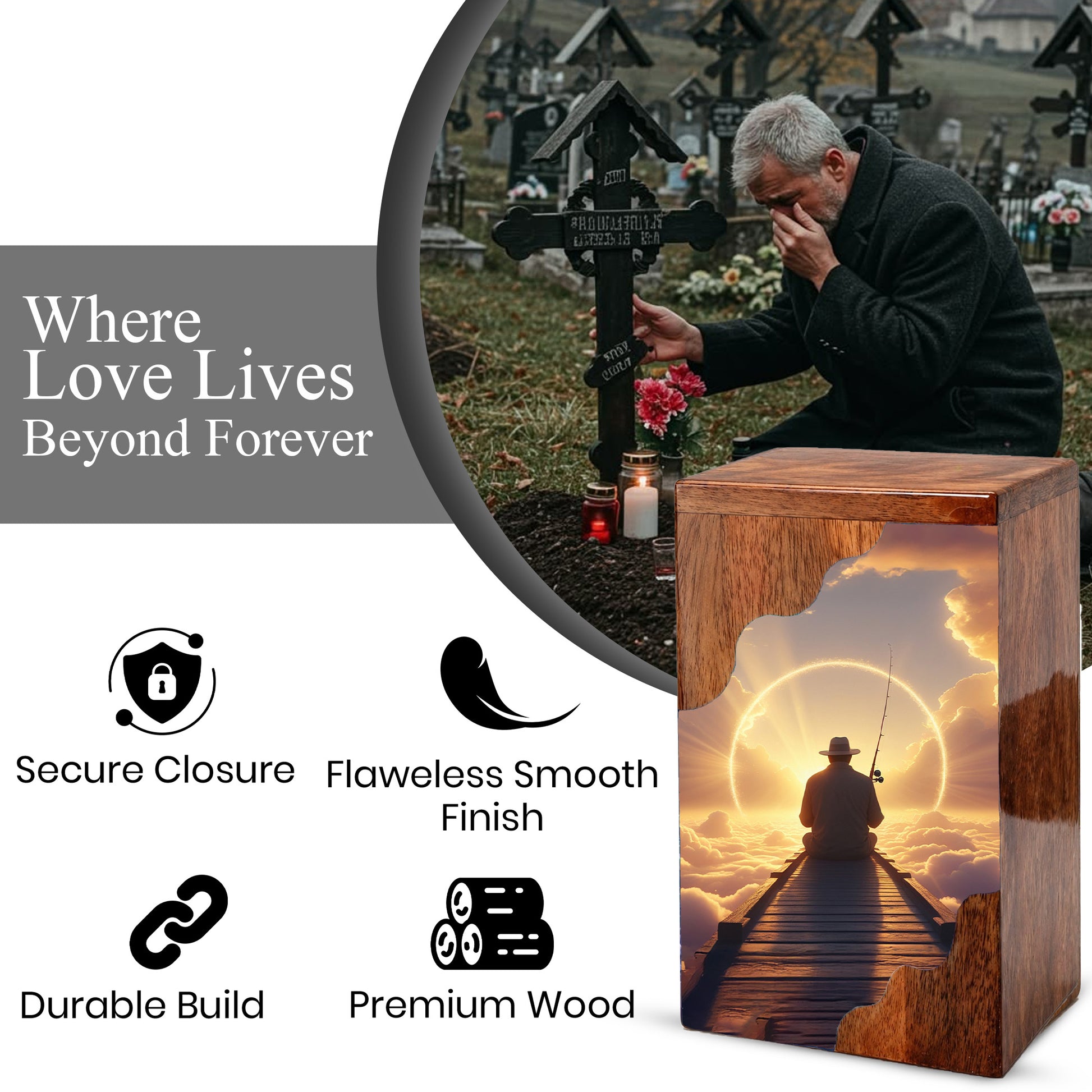 Fishing in Heaven Personalized Wooden Cremation Urn for Dad – Custom Memorial Urn with Sunset Fishing