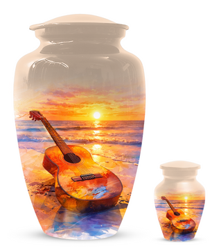 Guitar Urn for Ashes, Beach Sunset Cremation Urn, Custom Memorial Urn, Music Lover Urn