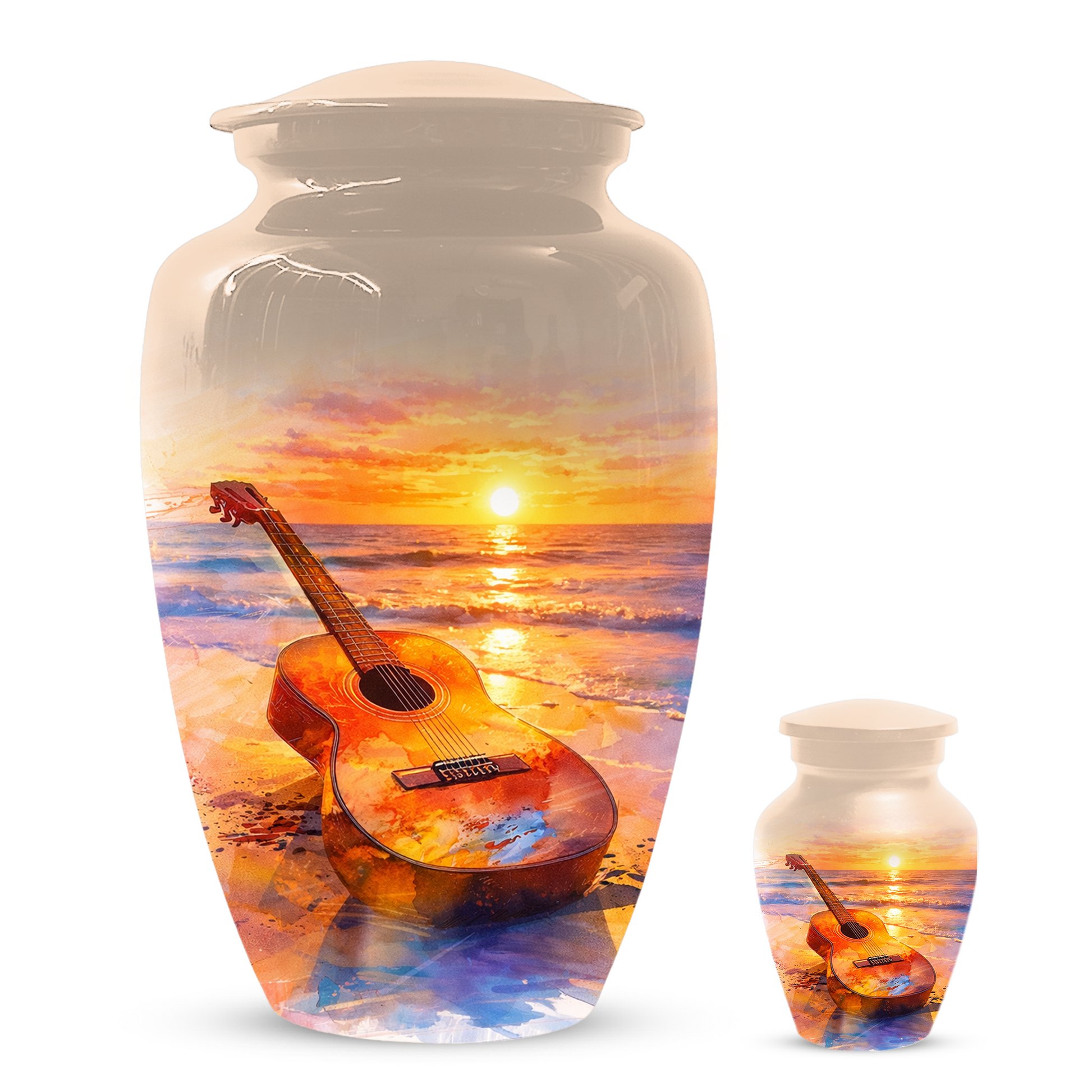 Guitar Urn for Ashes, Beach Sunset Cremation Urn, Custom Memorial Urn, Music Lover Urn