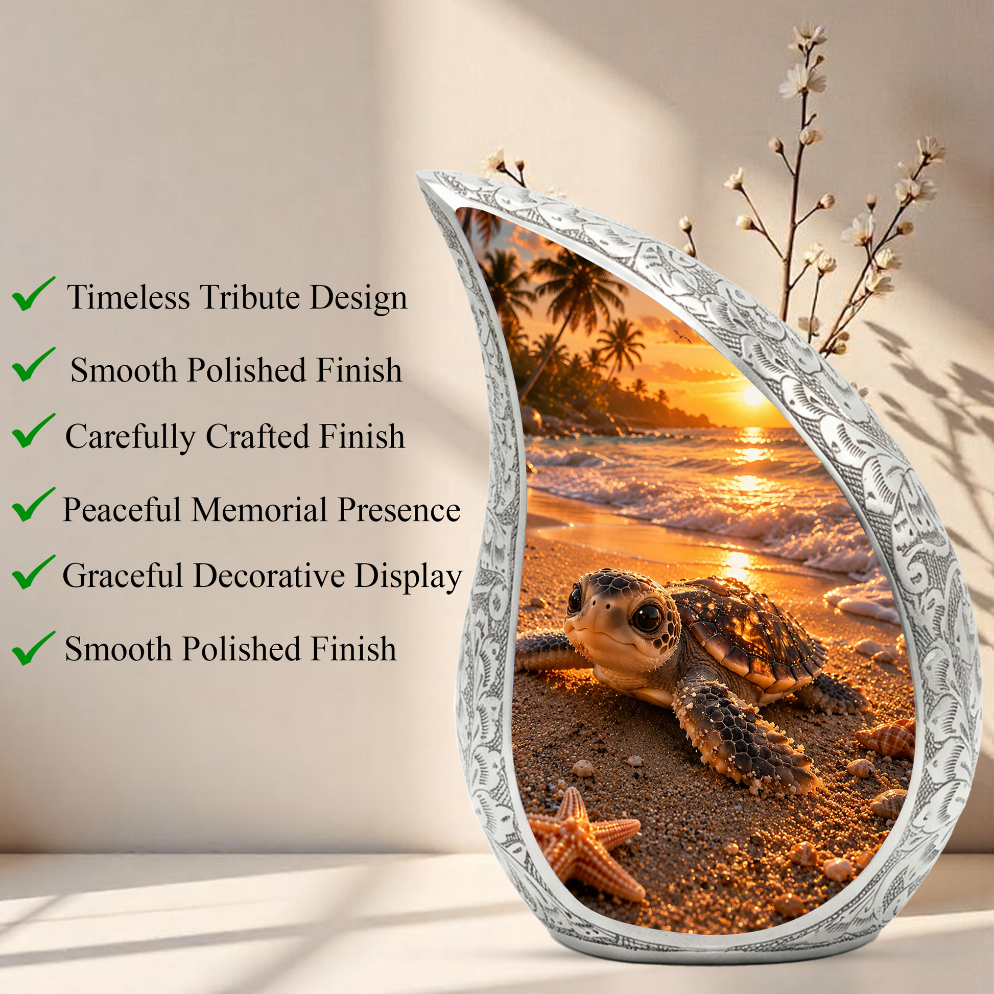 Baby Turtle Beach Urn for Human Ashes | Ocean Wave Wooden Cremation Urn