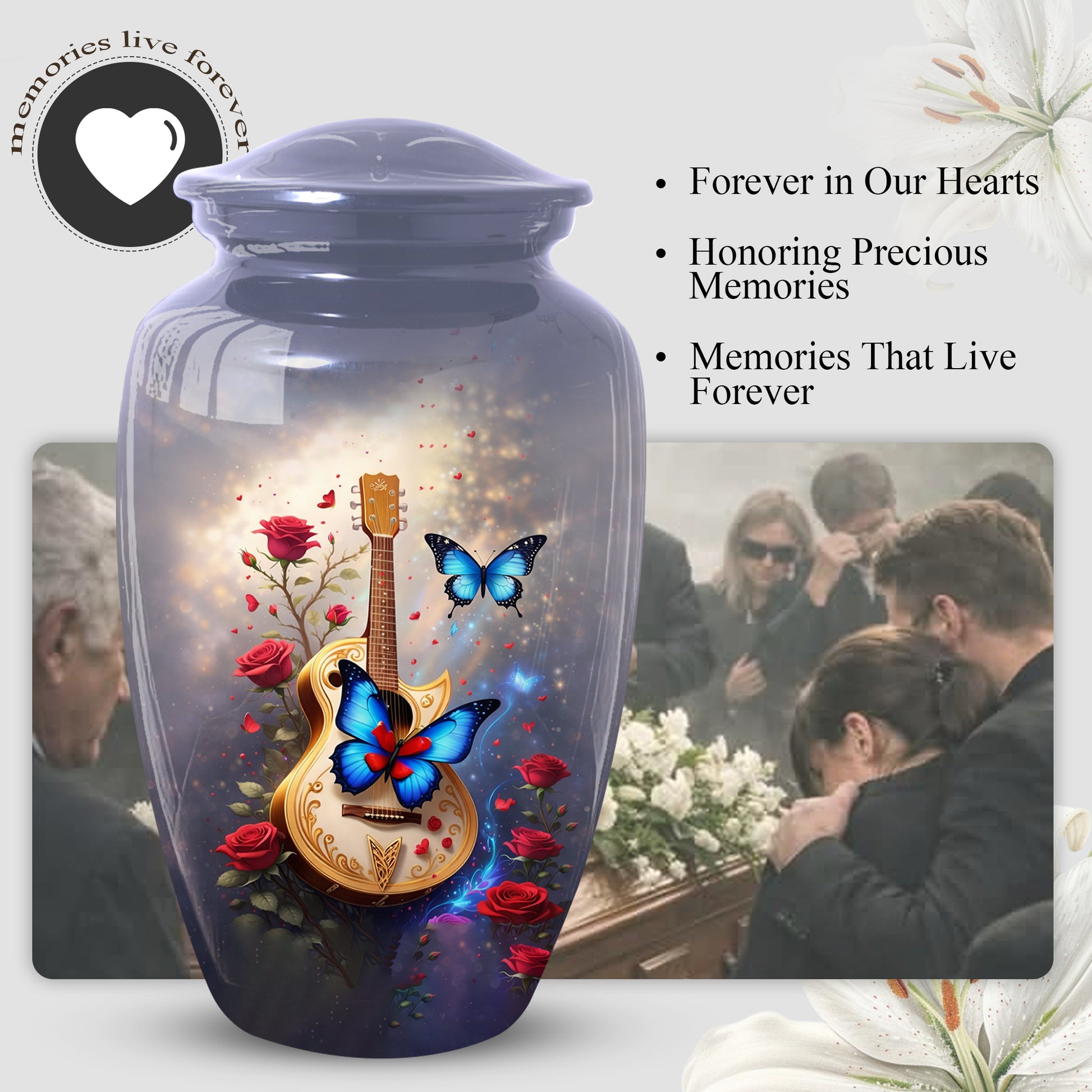 Butterfly Urn for Mom with Guitar – Personalized Cremation Large Urn for Ashes