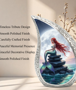 Mermaid Personalized Cremation Urn for Mom – Teardrop Style Aluminum Memorial Urn, 10 Inch