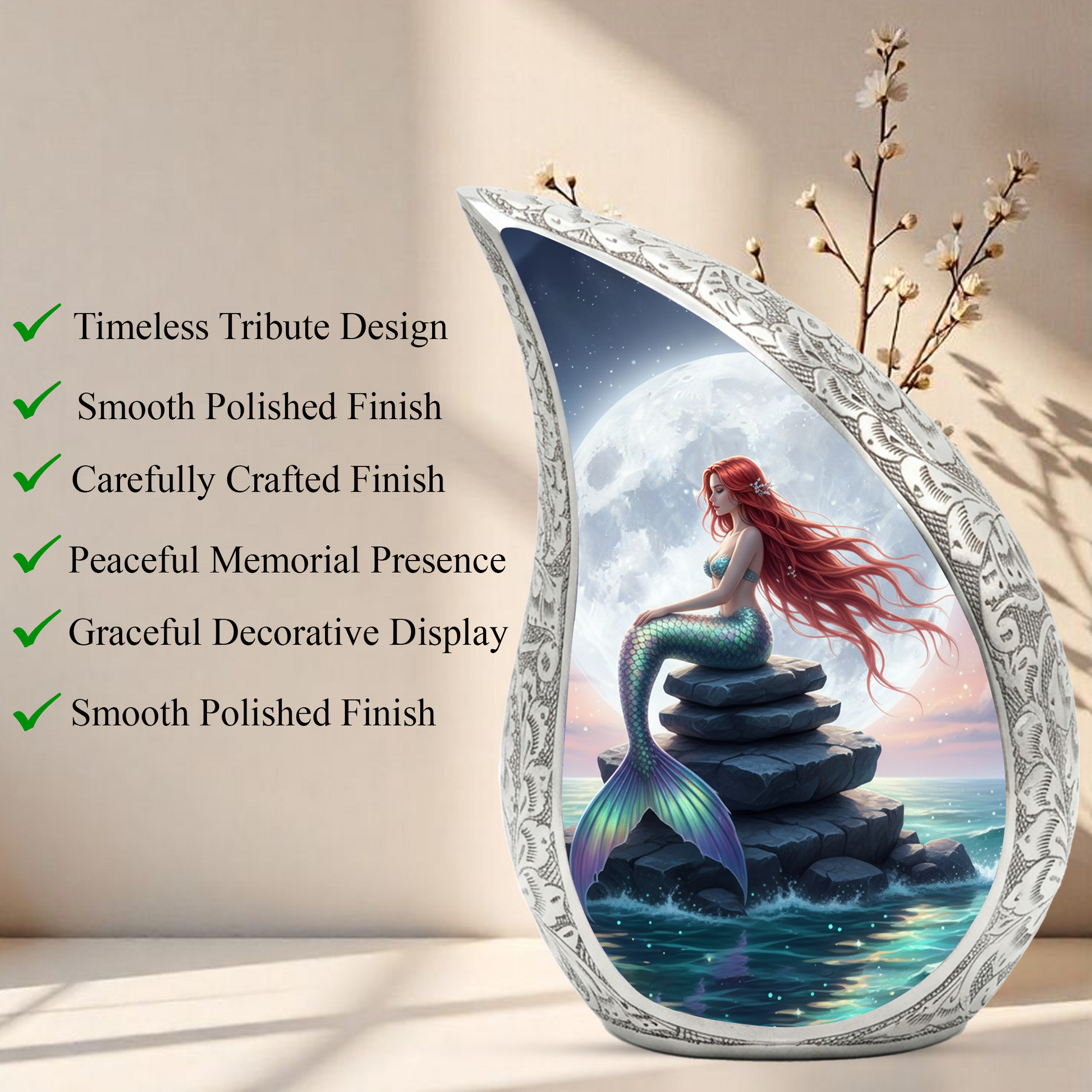 Mermaid Personalized Cremation Urn for Mom – Teardrop Style Aluminum Memorial Urn, 10 Inch