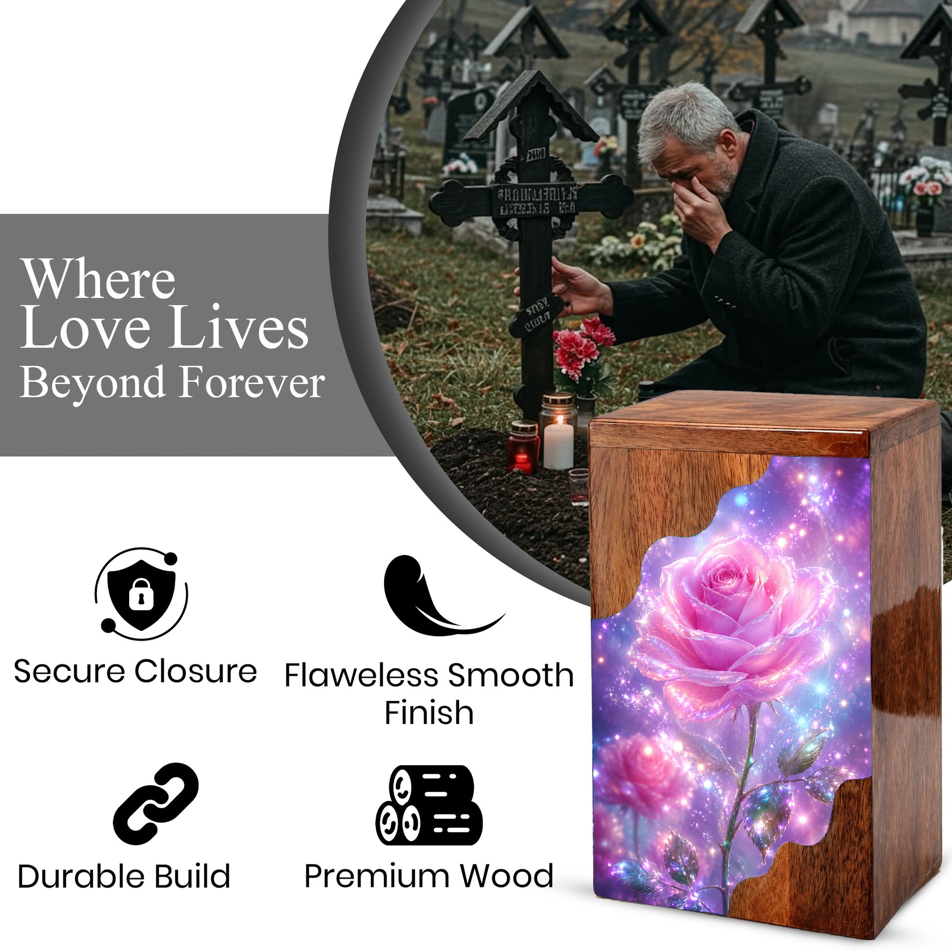 Pink Rose Wooden Cremation Urn – Wooden Urn for Human Ashes