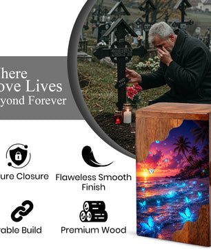 Butterfly Beach Wooden Cremation Urn – Sunset Ocean Memorial Urn for Mom