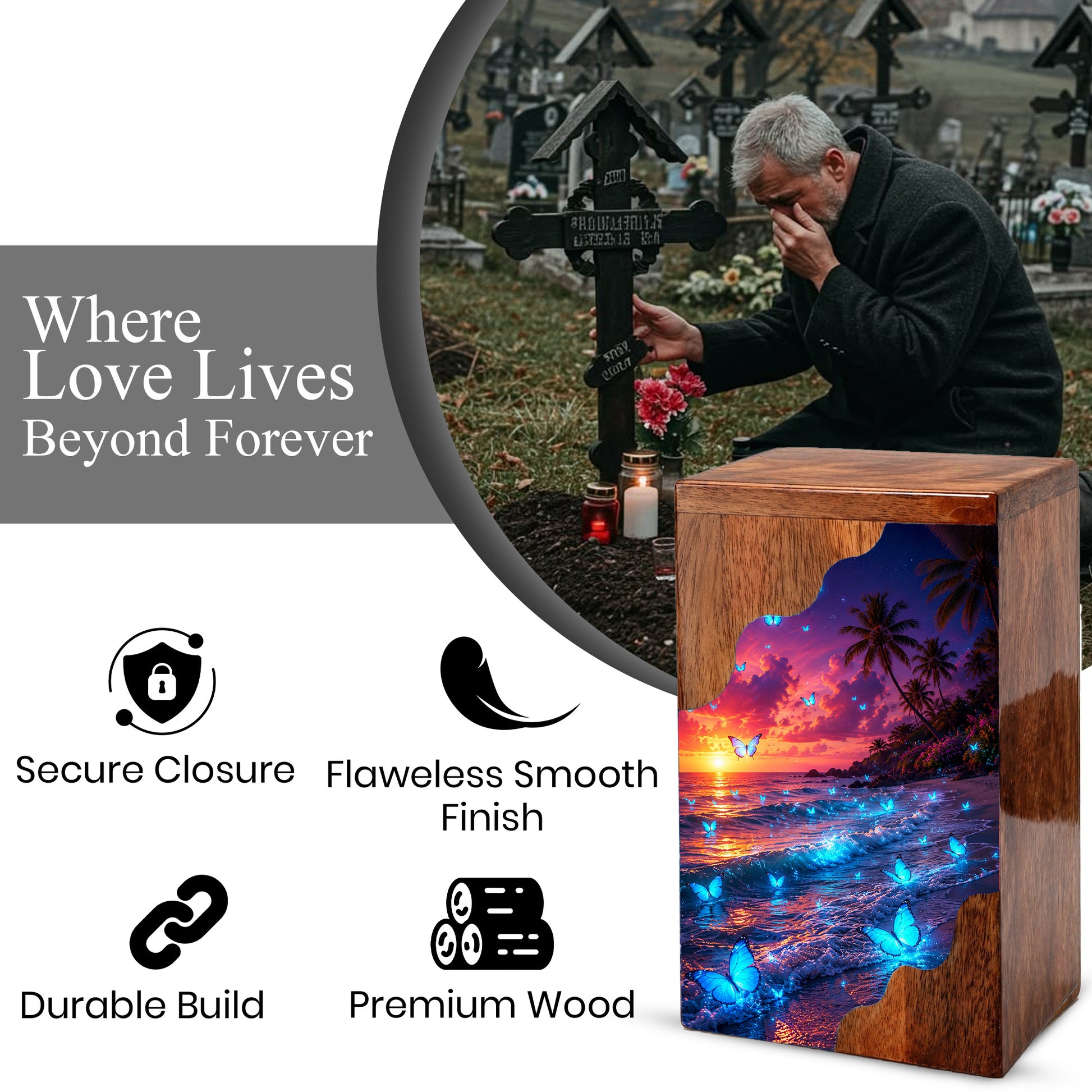 Butterfly Beach Wooden Cremation Urn – Sunset Ocean Memorial Urn for Mom