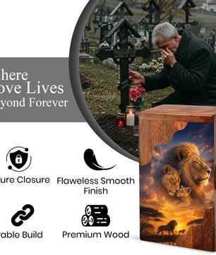 Lion Family Wooden Cremation Urn – Legacy & Eternal Love Memorial Urn for Human Ashes