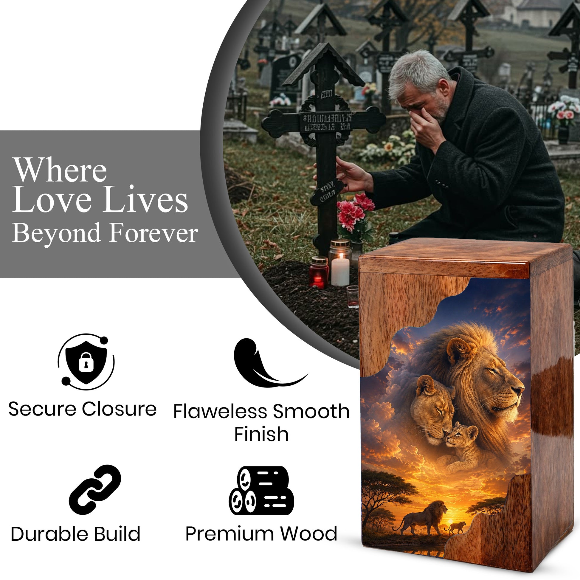 Lion Family Wooden Cremation Urn – Legacy & Eternal Love Memorial Urn for Human Ashes