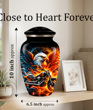 Eagle and Motorcycle Cremation Urn for Adult Ashes, Fiery Phoenix Eagle Biker Urn for Human Ashes