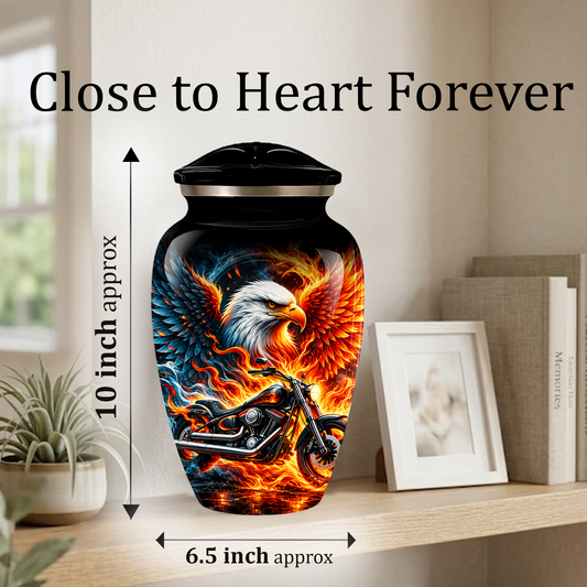 Eagle and Motorcycle Cremation Urn for Adult Ashes, Fiery Phoenix Eagle Biker Urn for Human Ashes