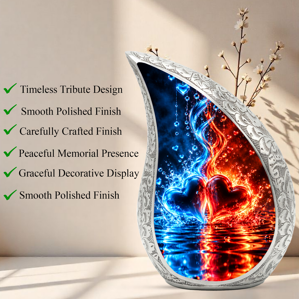 Heart Urn for Ashes, Red and Blue Hearts Aluminum Cremation Urn