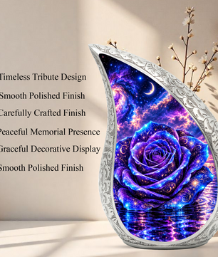 Purple Rose Cremation Urn for Adult Ashes, Celestial Floral Memorial Urn, Decorative Adult Cremation Urn with Blue Velvet Bag