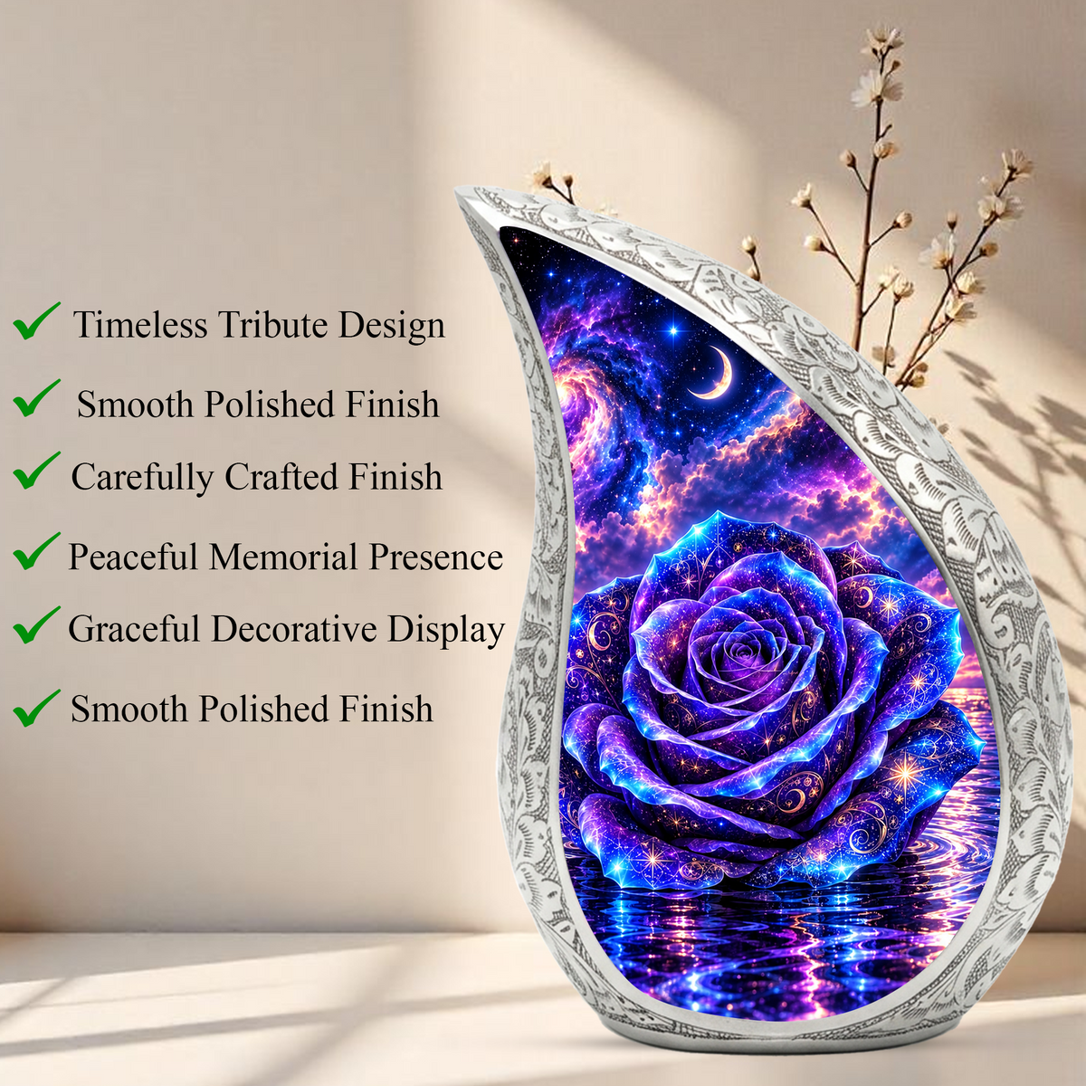 Purple Rose Cremation Urn for Adult Ashes, Celestial Floral Memorial Urn, Decorative Adult Cremation Urn with Blue Velvet Bag