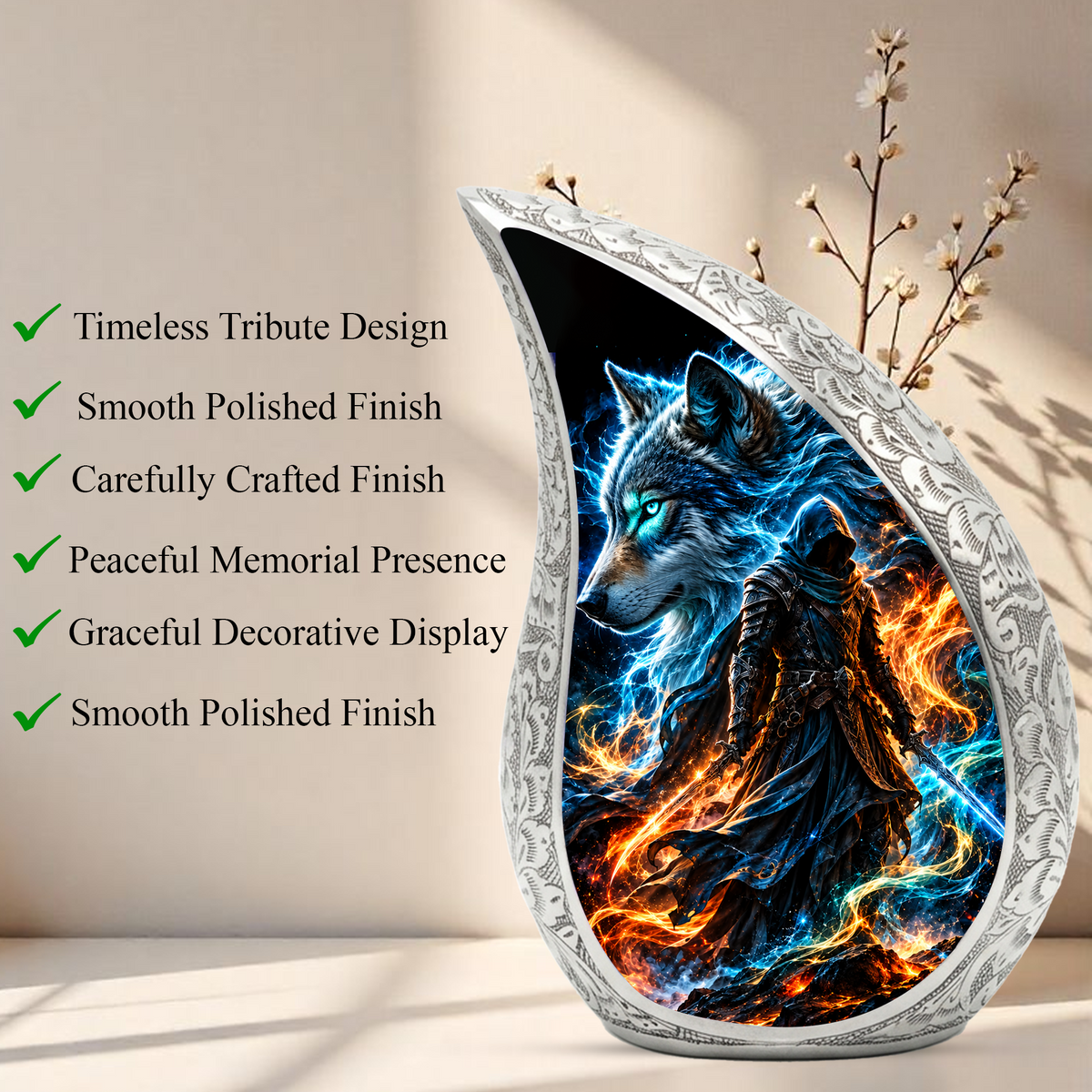 Wolf Warrior Cremation Urn for Ashes, Blue Wolf keepsake Adult Urn