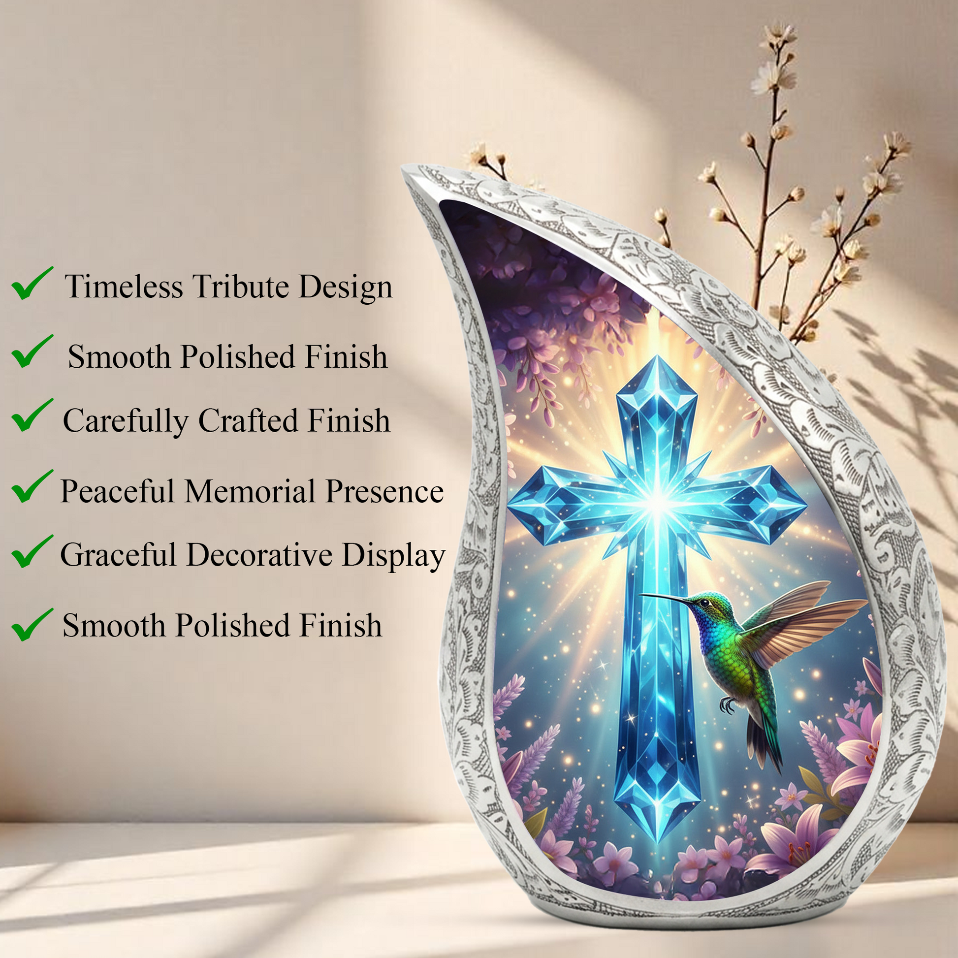 Christian Cross Personalized Cremation Urn – Teardrop Style Aluminum Memorial Urn, 10 Inch
