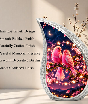 Pink Love Birds Urn for Human Ashes, Adult Cremation Urn with Two Birds and Flowers