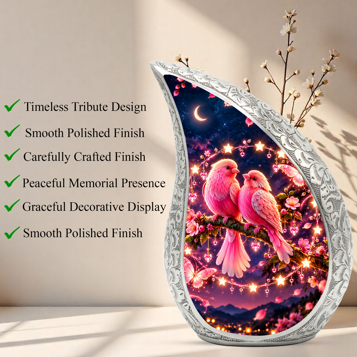 Pink Love Birds Urn for Human Ashes, Adult Cremation Urn with Two Birds and Flowers