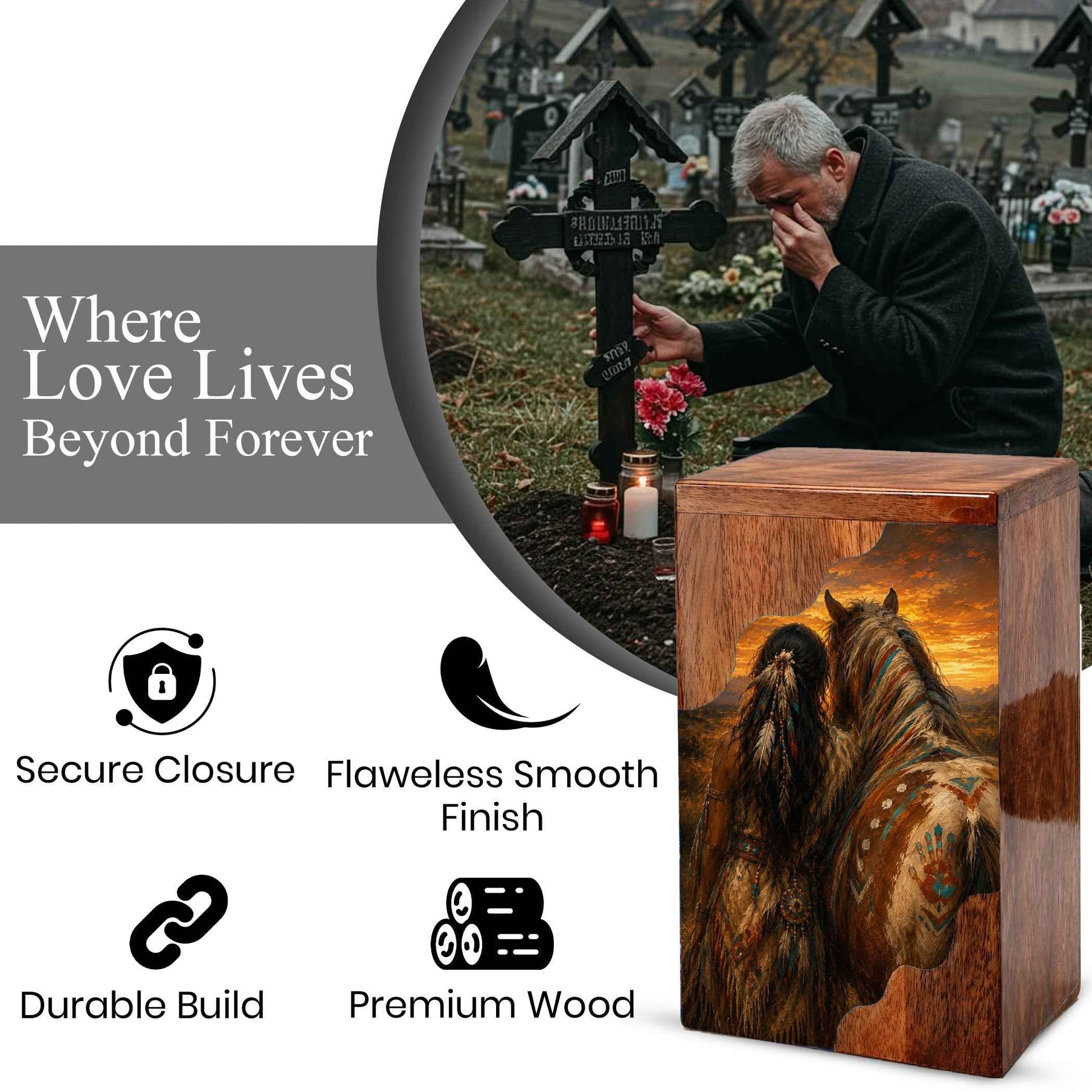 Native American Horse Wooden Cremation Urn for Mom | Personalized Wooden Urn for Human Ashes