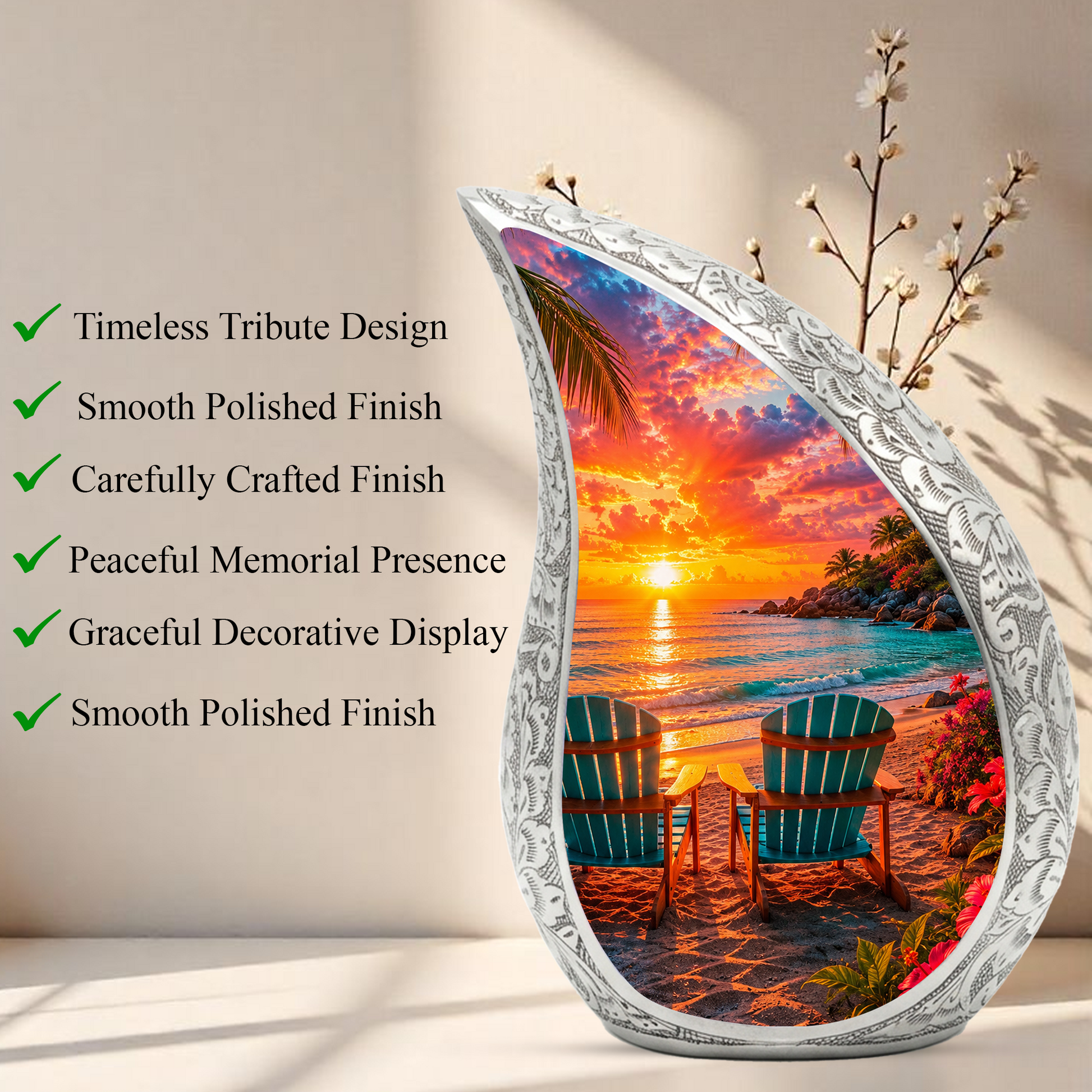 Beach Sunset Adult Cremation Urn for Mom, Dad, Women & Men, Tropical Memorial Urn for Ashes